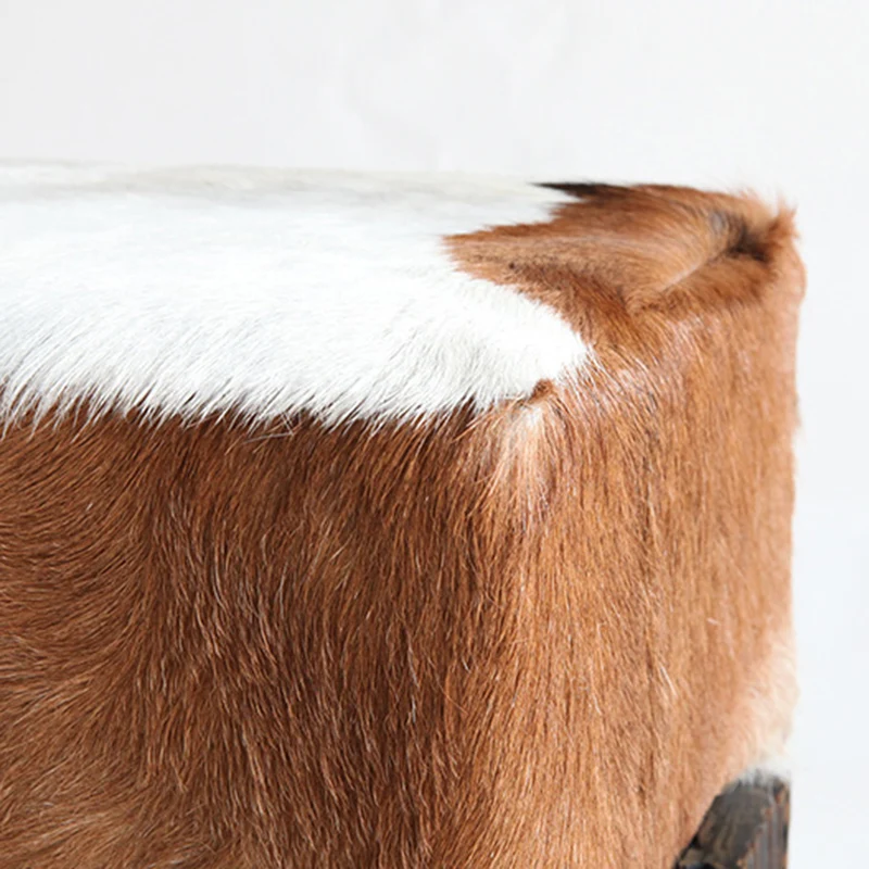Traditional Chinese Teak Wood & Goatskin Shoe Stool - Square Handcrafted Chair For Living Room