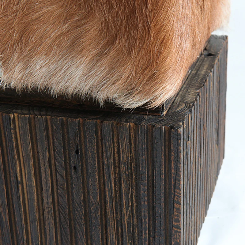 Traditional Chinese Teak Wood & Goatskin Shoe Stool - Square Handcrafted Chair For Living Room