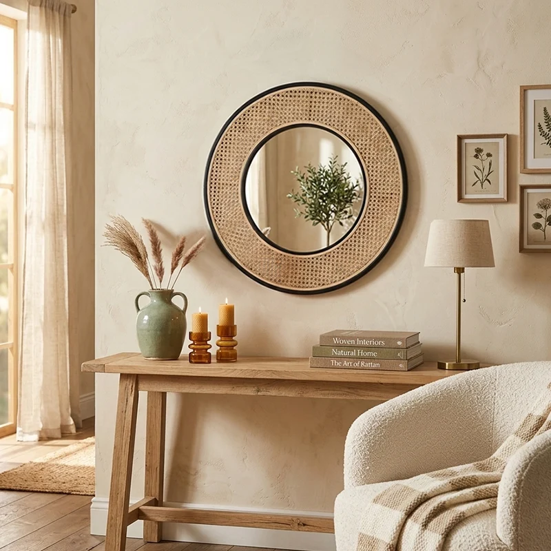 Contemporary Iron & Natural Rattan Round Wall Mirror - Nordic Functional Art Piece & Sizes Available For Living Room