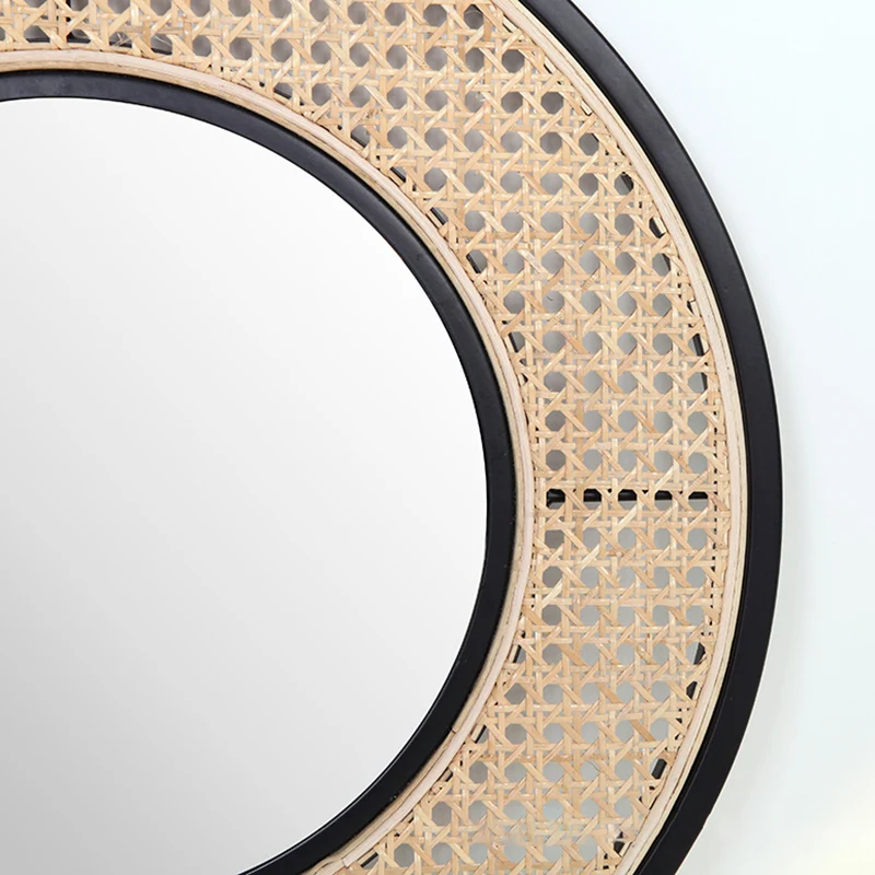 Contemporary Iron & Natural Rattan Round Wall Mirror - Nordic Functional Art Piece & Sizes Available For Living Room