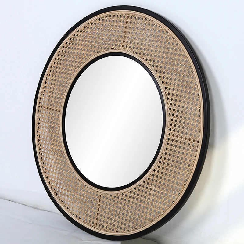 Contemporary Iron & Natural Rattan Round Wall Mirror - Nordic Functional Art Piece & Sizes Available For Living Room