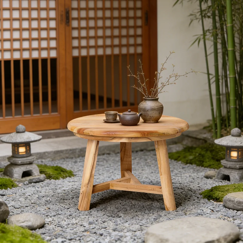 Traditional Japanese Teak Wood Side Table - Low Round Accent Table For Living Room