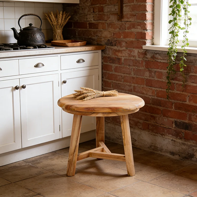 Traditional Japanese Teak Wood Side Table - Low Round Accent Table For Living Room