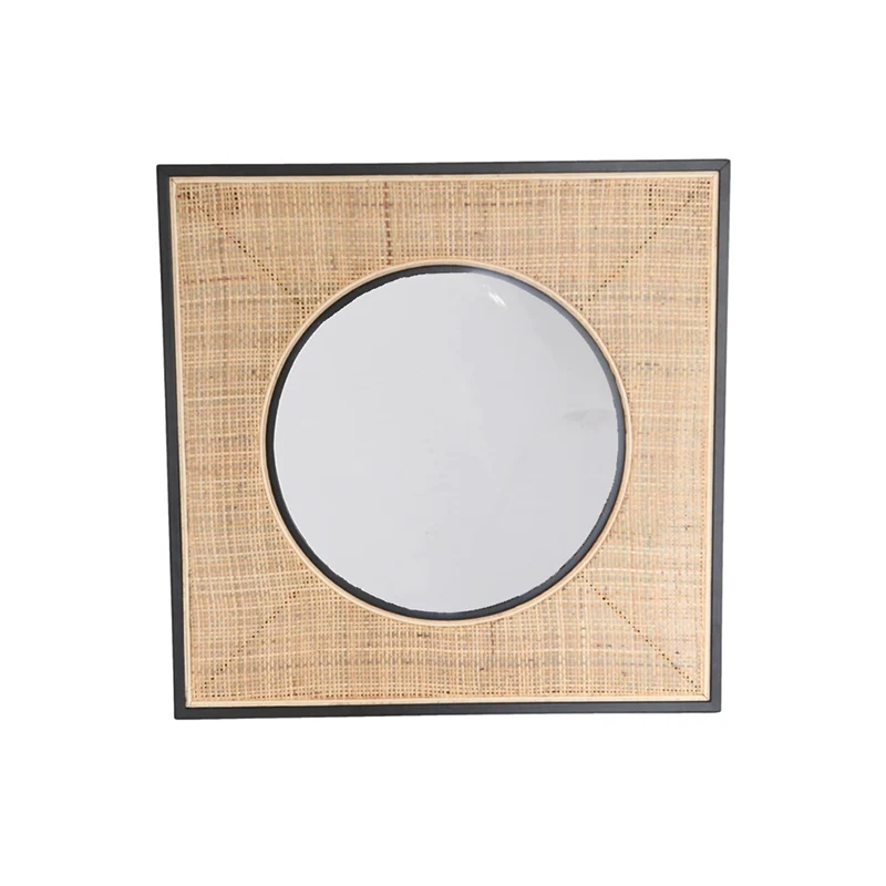 Square Iron & Natural Rattan Wall Mirror - Nordic Interiors Artistic Decorative Mirror For Living Room
