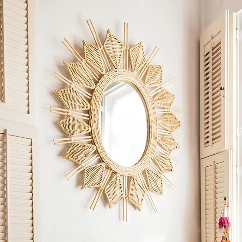 Handmade Natural Rattan Round Wall Mirror - Boho Eco-Friendly Wall Art Mirror For Living Room