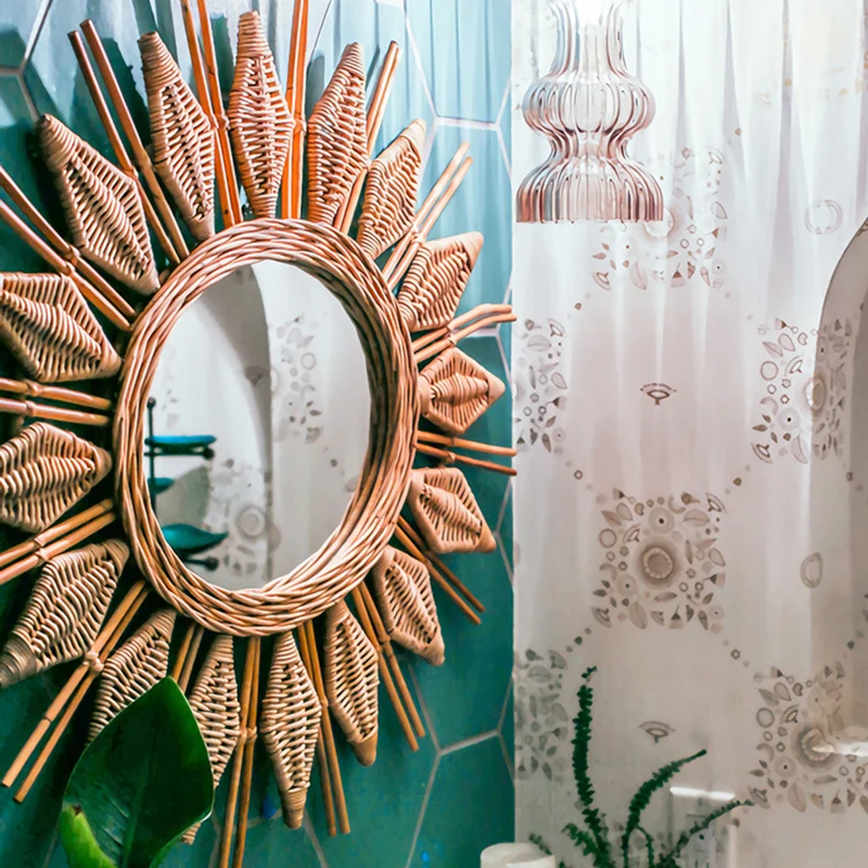 Handmade Natural Rattan Round Wall Mirror - Boho Eco-Friendly Wall Art Mirror For Living Room