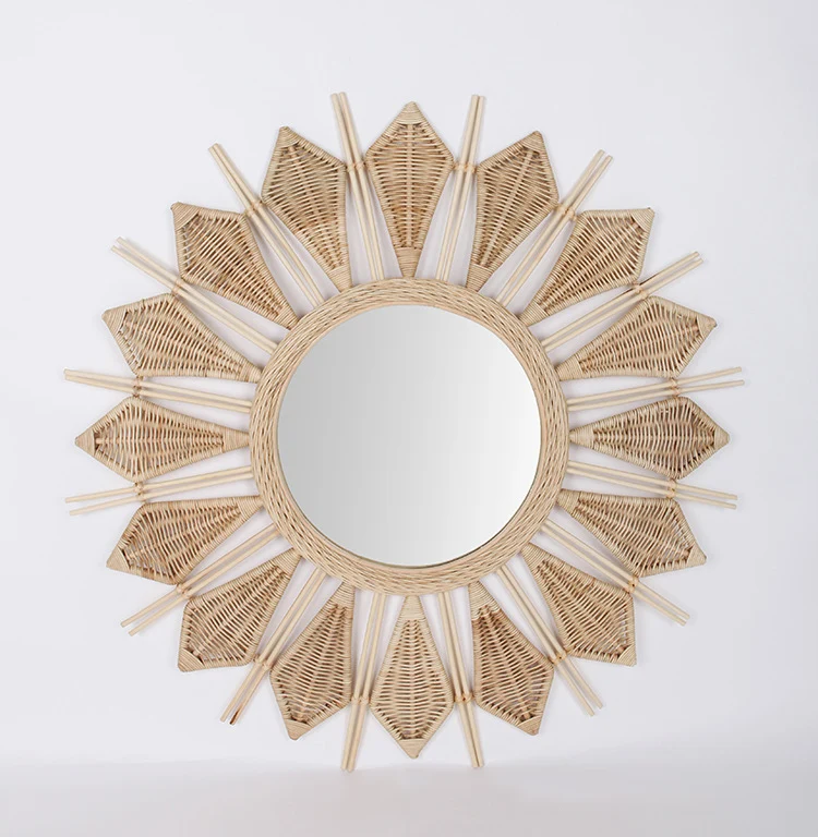 Handmade Natural Rattan Round Wall Mirror - Boho Eco-Friendly Wall Art Mirror For Living Room