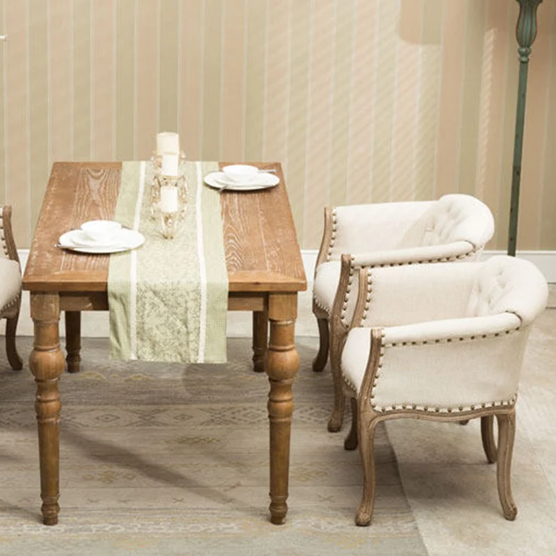 Traditional French Rubberwood & Linen Fabric Upholstered Accent Chair With Armrests And Backrest For Living Room