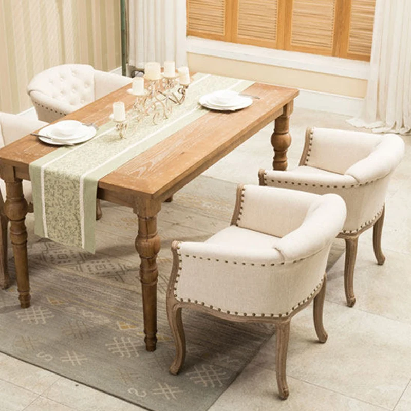Traditional French Rubberwood & Linen Fabric Upholstered Accent Chair With Armrests And Backrest For Living Room