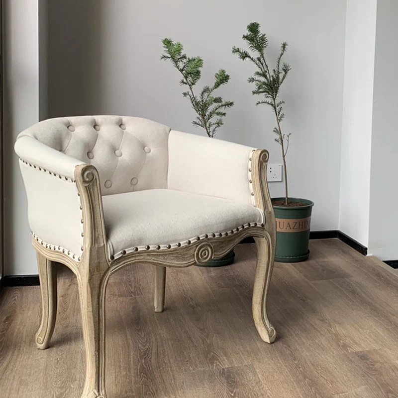 Traditional French Rubberwood & Linen Fabric Upholstered Accent Chair With Armrests And Backrest For Living Room