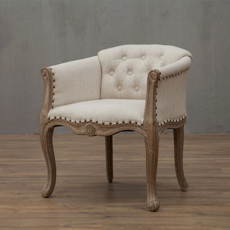 Traditional French Rubberwood & Linen Fabric Upholstered Accent Chair With Armrests And Backrest For Living Room