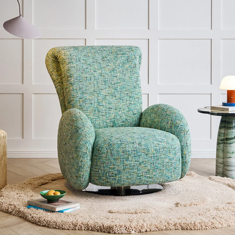 Traditional Vintage Stainless Steel & Chenille Swivel Upholstery Accent Chair With Backrest & Armrest Curved Silhouette For Living Room