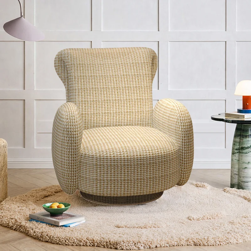 Traditional Vintage Stainless Steel & Chenille Swivel Upholstery Accent Chair With Backrest & Armrest Curved Silhouette For Living Room