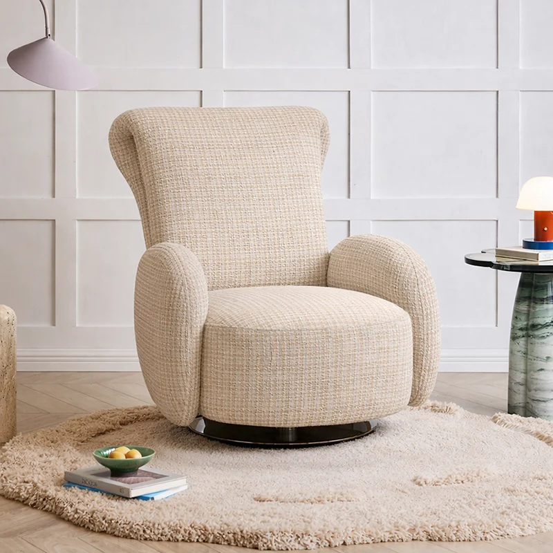 Traditional Vintage Stainless Steel & Chenille Swivel Upholstery Accent Chair With Backrest & Armrest Curved Silhouette For Living Room