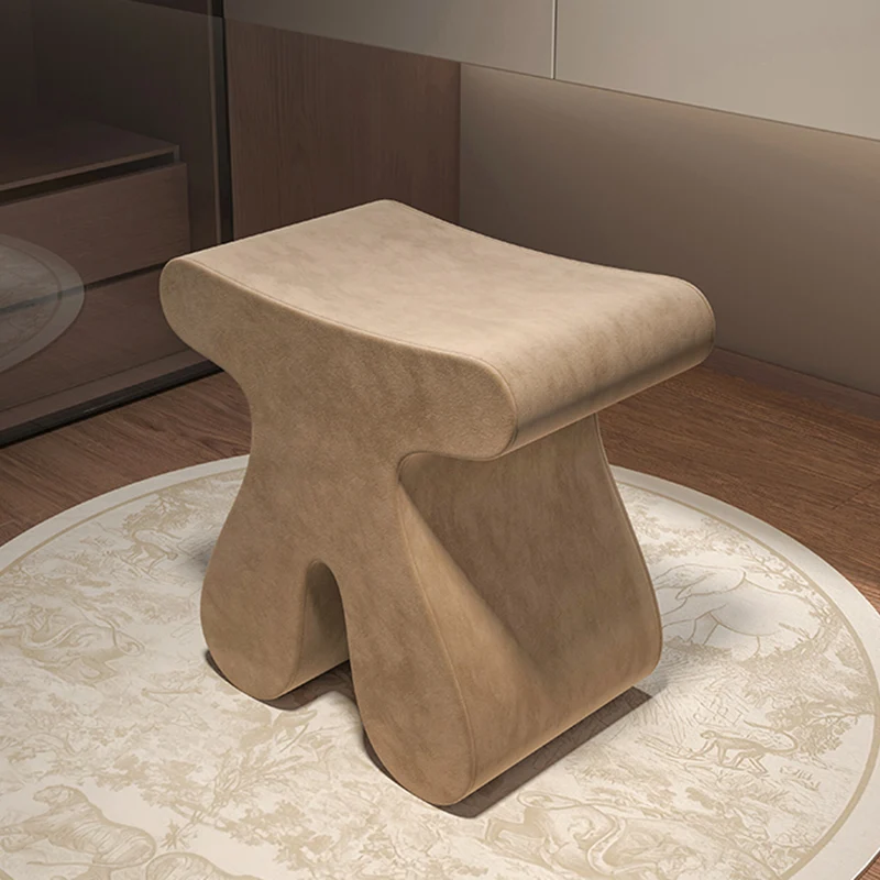 Modern Minimalist Plywood & Velvet Sculptural Rounded Low Stool For Bedroom
