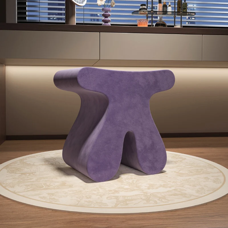 Modern Minimalist Plywood & Velvet Sculptural Rounded Low Stool For Bedroom