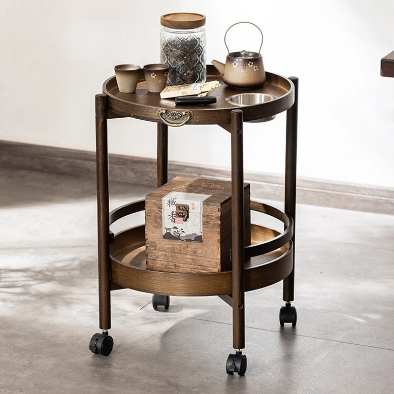Traditional Chinese Bamboo Round Side Table 2-Tier Storage Removable Top With Rolling Casters And Ashtray For Living Room