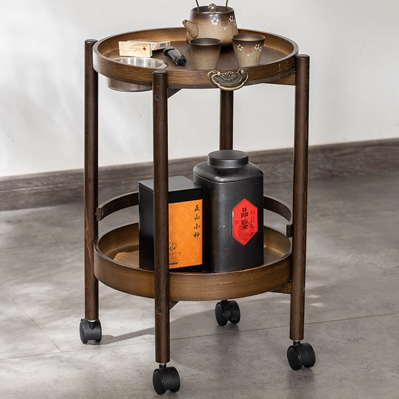 Traditional Chinese Bamboo Round Side Table 2-Tier Storage Removable Top With Rolling Casters And Ashtray For Living Room