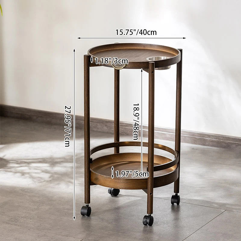 Traditional Chinese Bamboo Round Side Table 2-Tier Storage Removable Top With Rolling Casters And Ashtray For Living Room