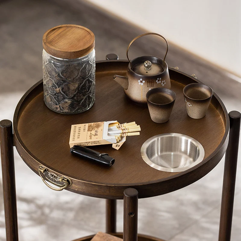 Traditional Chinese Bamboo Round Side Table 2-Tier Storage Removable Top With Rolling Casters And Ashtray For Living Room