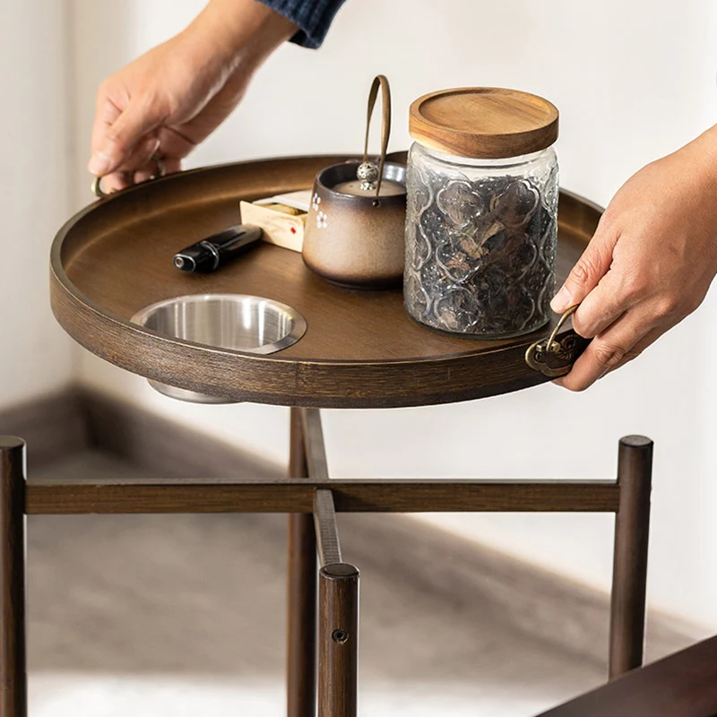 Traditional Chinese Bamboo Round Side Table 2-Tier Storage Removable Top With Rolling Casters And Ashtray For Living Room