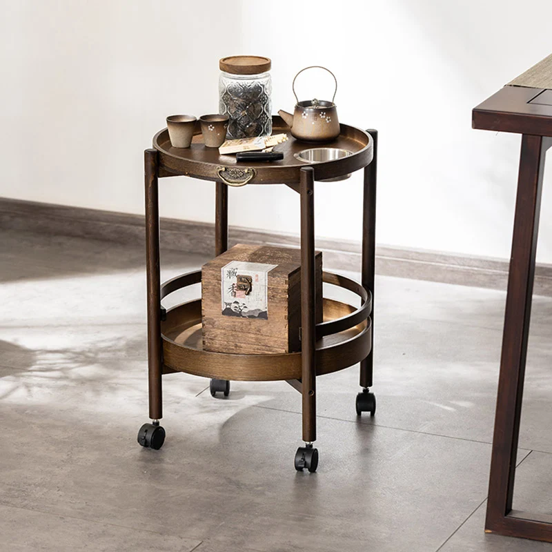 Traditional Chinese Bamboo Round Side Table 2-Tier Storage Removable Top With Rolling Casters And Ashtray For Living Room