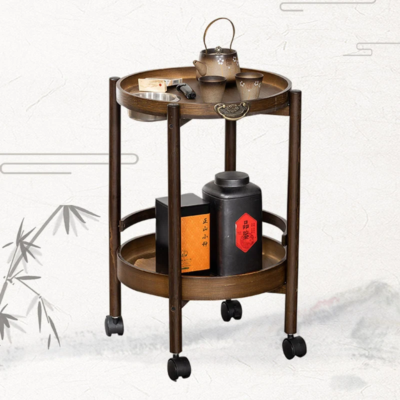 Traditional Chinese Bamboo Round Side Table 2-Tier Storage Removable Top With Rolling Casters And Ashtray For Living Room