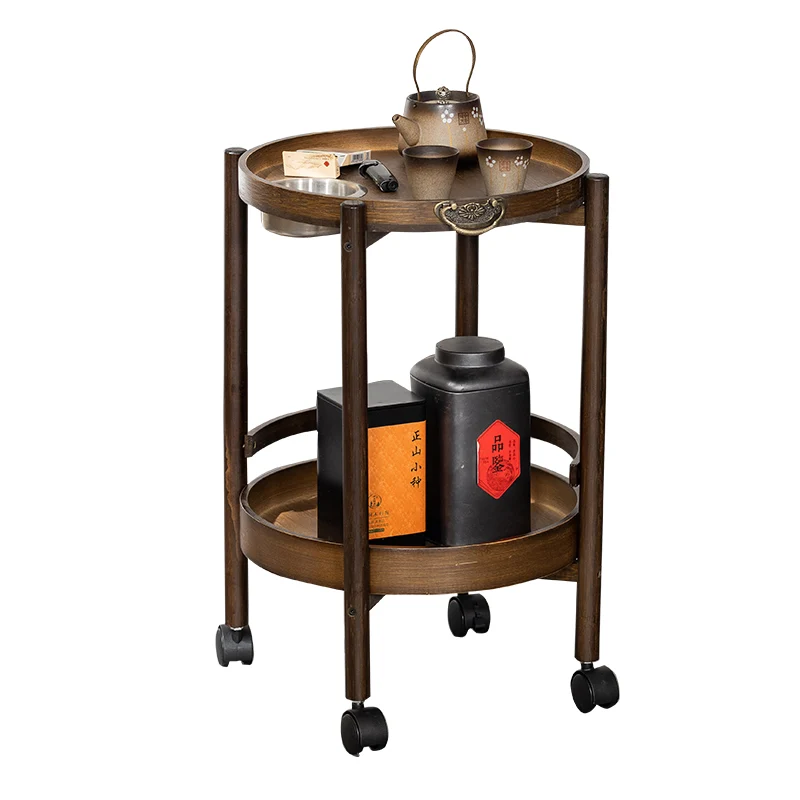 Traditional Chinese Bamboo Round Side Table 2-Tier Storage Removable Top With Rolling Casters And Ashtray For Living Room