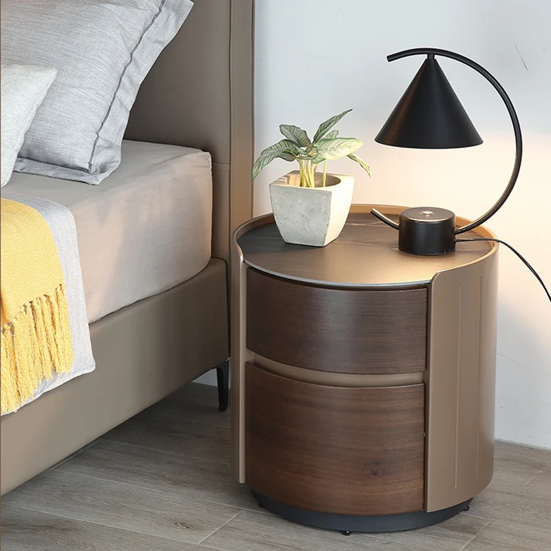 Modern Luxury Plywood Frame Stone Slab Top Round Nightstand 2-Drawer For Bedroom