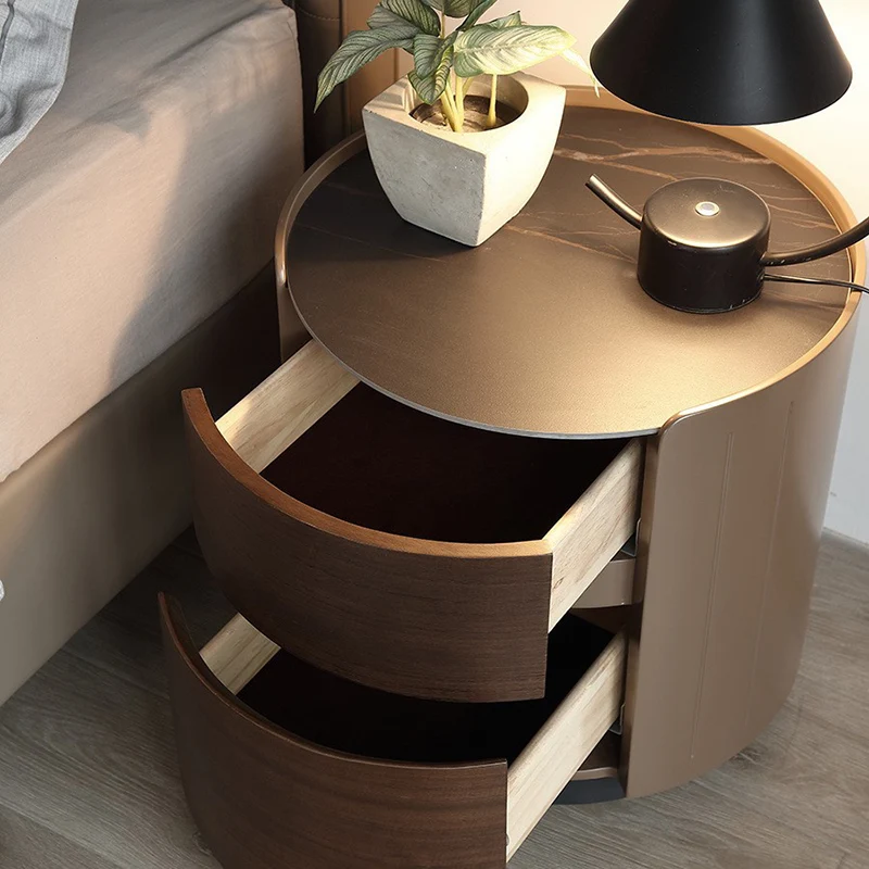 Modern Luxury Plywood Frame Stone Slab Top Round Nightstand 2-Drawer For Bedroom