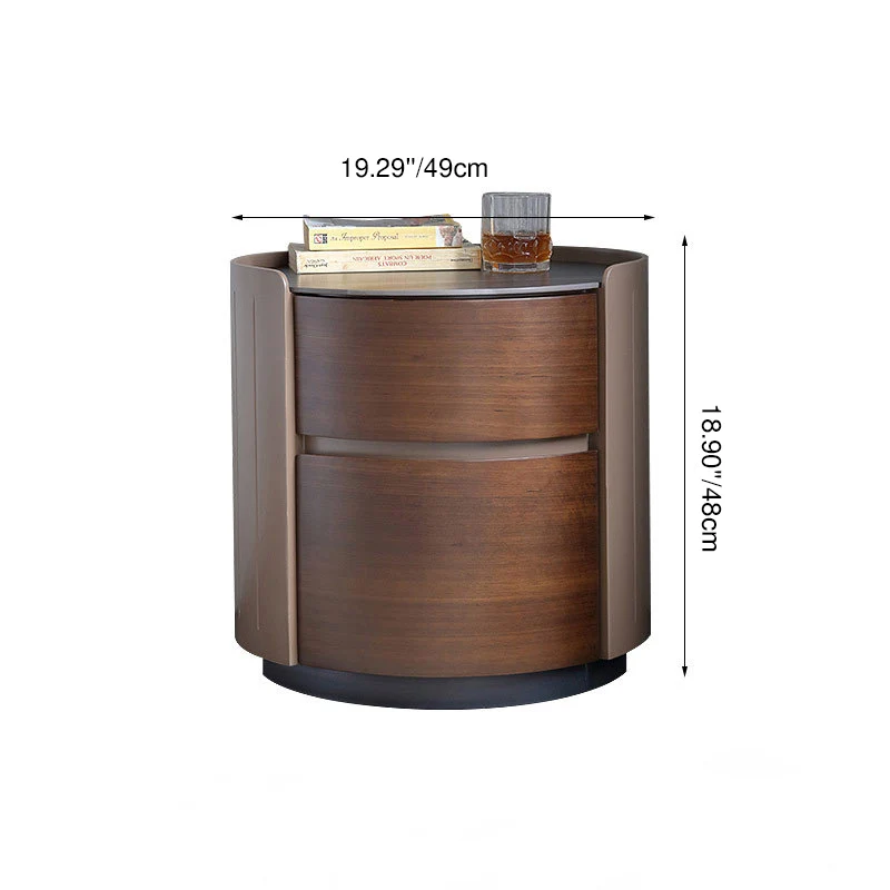 Modern Luxury Plywood Frame Stone Slab Top Round Nightstand 2-Drawer For Bedroom