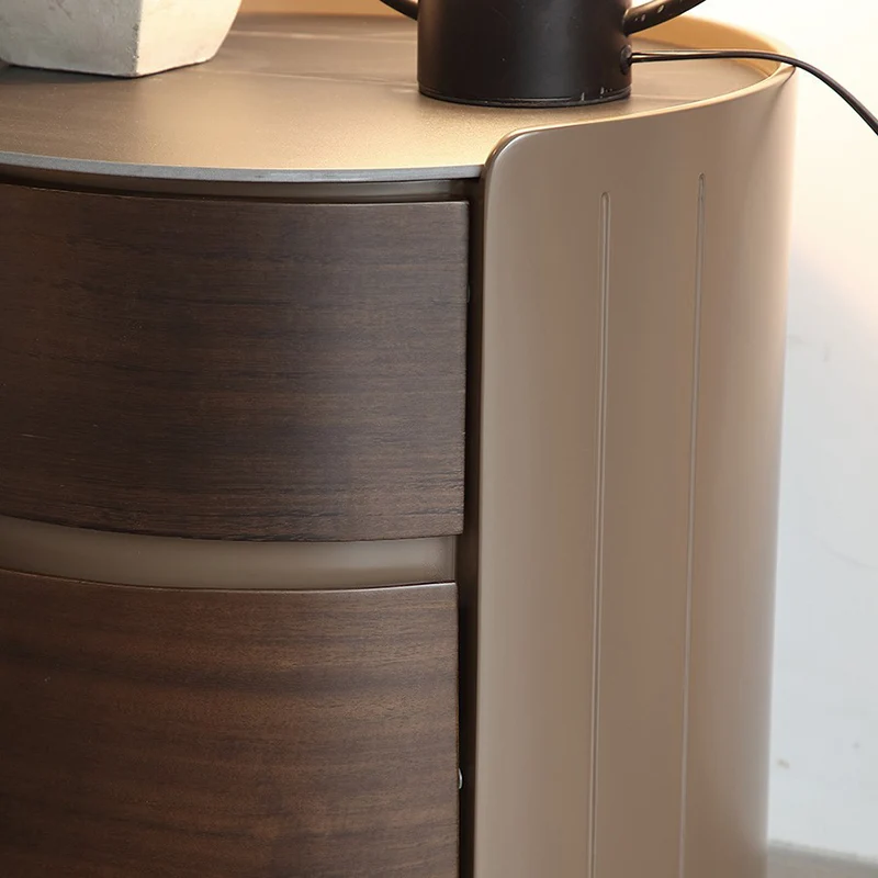 Modern Luxury Plywood Frame Stone Slab Top Round Nightstand 2-Drawer For Bedroom