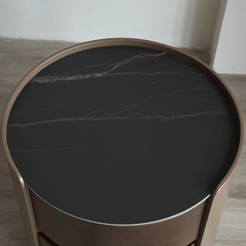Modern Luxury Plywood Frame Stone Slab Top Round Nightstand 2-Drawer For Bedroom