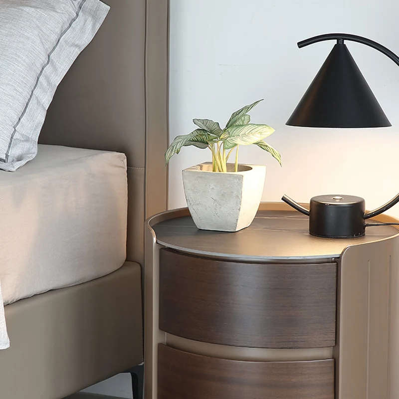 Modern Luxury Plywood Frame Stone Slab Top Round Nightstand 2-Drawer For Bedroom