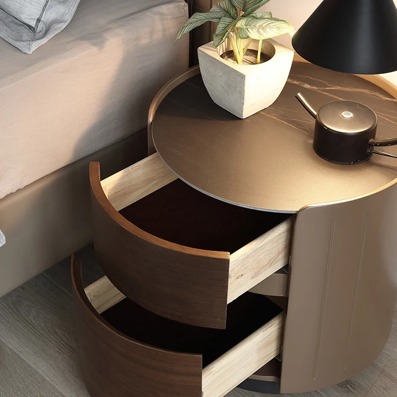 Modern Luxury Plywood Frame Stone Slab Top Round Nightstand 2-Drawer For Bedroom