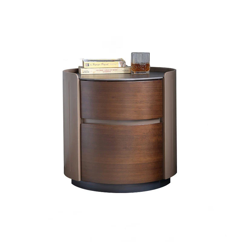Modern Luxury Plywood Frame Stone Slab Top Round Nightstand 2-Drawer For Bedroom