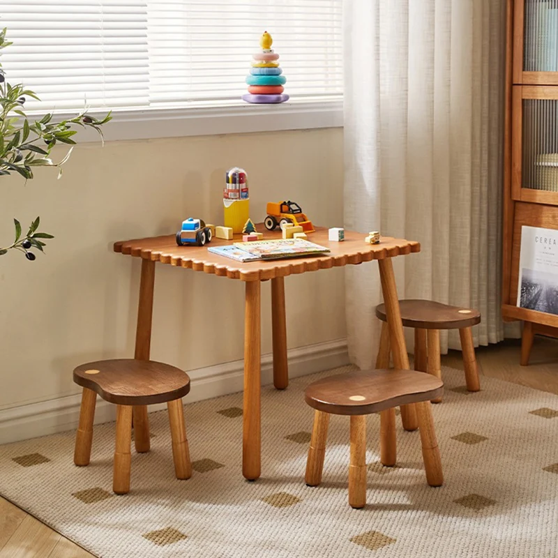 Traditional Rustic Lentil Cashew Shaped Rubberwood Kids Low Stool Backless Armless For Hallway