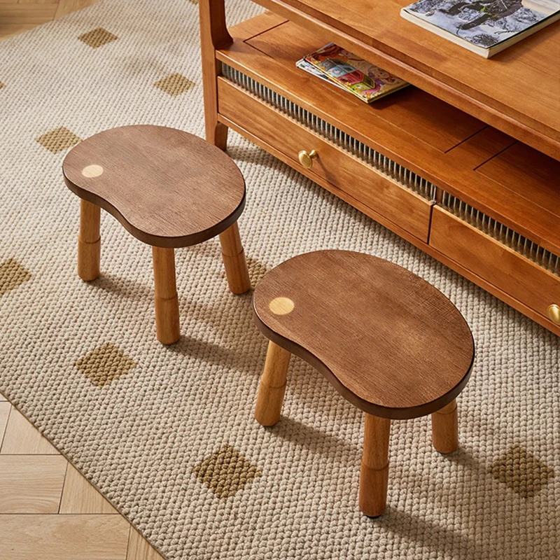 Traditional Rustic Lentil Cashew Shaped Rubberwood Kids Low Stool Backless Armless For Hallway