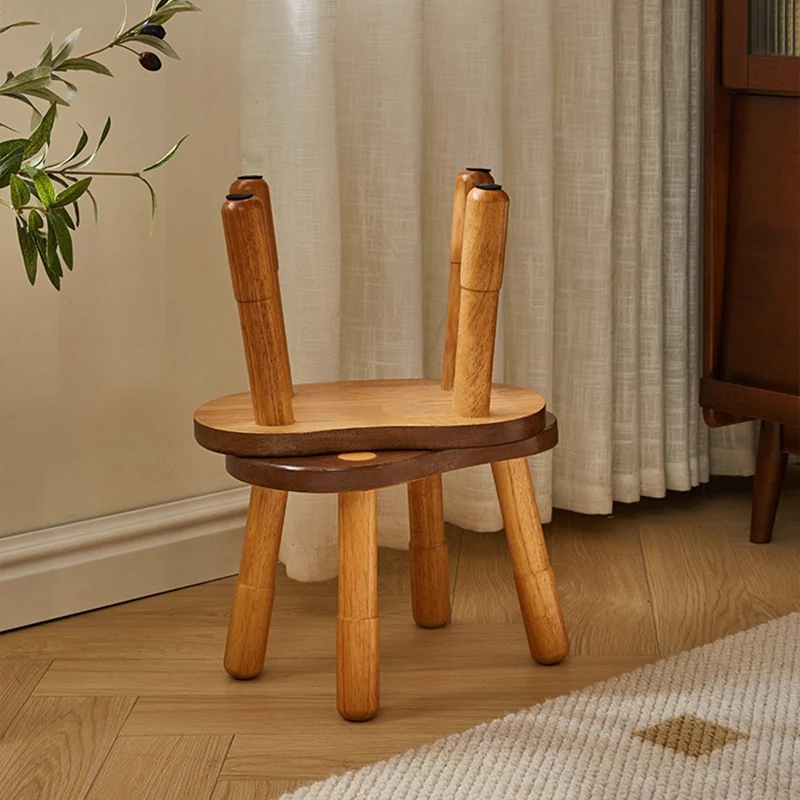 Traditional Rustic Lentil Cashew Shaped Rubberwood Kids Low Stool Backless Armless For Hallway