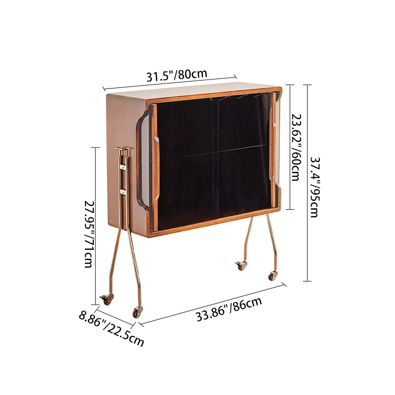 Traditional Vintage Rectangular Rubberwood Stainless Steel Tempered Glass Movable Storage Sideboard 2-Tier For Dining Room