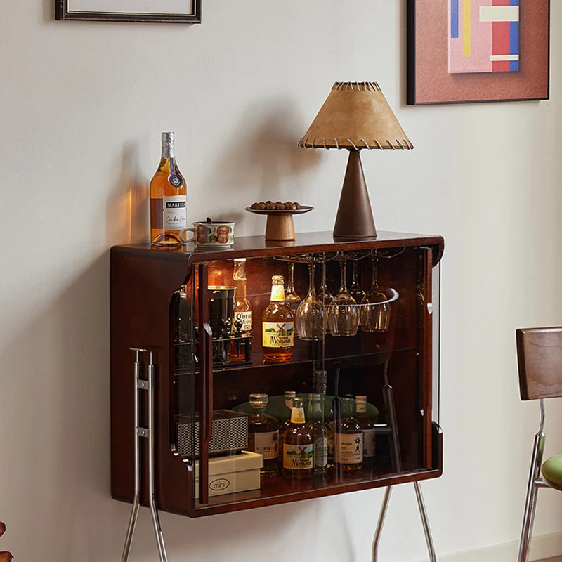 Traditional Vintage Rectangular Rubberwood Stainless Steel Tempered Glass Movable Storage Sideboard 2-Tier For Dining Room