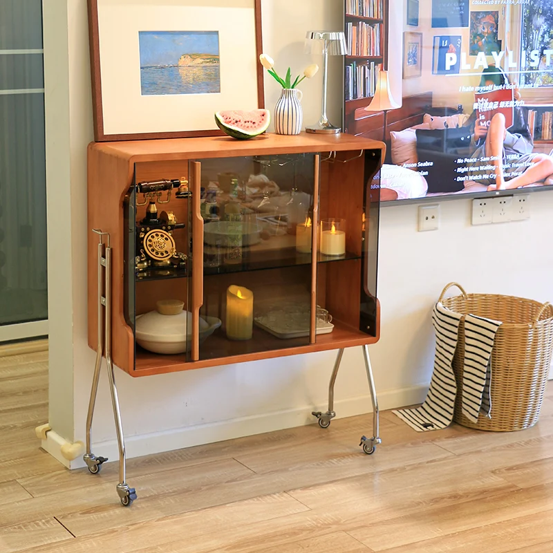 Traditional Vintage Rectangular Rubberwood Stainless Steel Tempered Glass Movable Storage Sideboard 2-Tier For Dining Room
