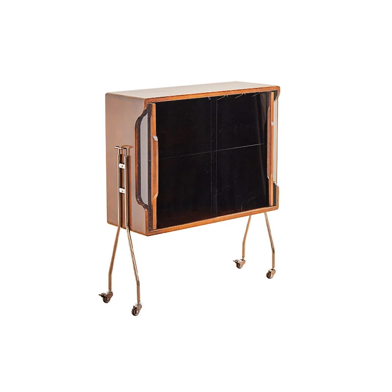 Traditional Vintage Rectangular Rubberwood Stainless Steel Tempered Glass Movable Storage Sideboard 2-Tier For Dining Room