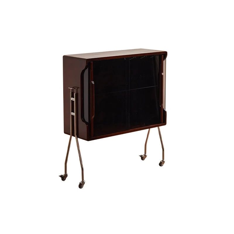 Traditional Vintage Rectangular Rubberwood Stainless Steel Tempered Glass Movable Storage Sideboard 2-Tier For Dining Room