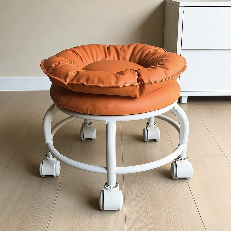 Modern Minimalist Round Faux Nappa Leather Plastic Movable Low Stool For Living Room
