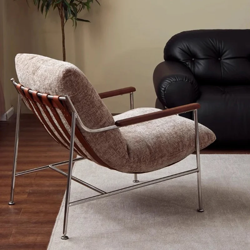 Contemporary Nordic Square Rectangular Saddle-Style Faux Leather Chenille Stainless Steel Removable Accent Chair Backrest Armrest For Living Room