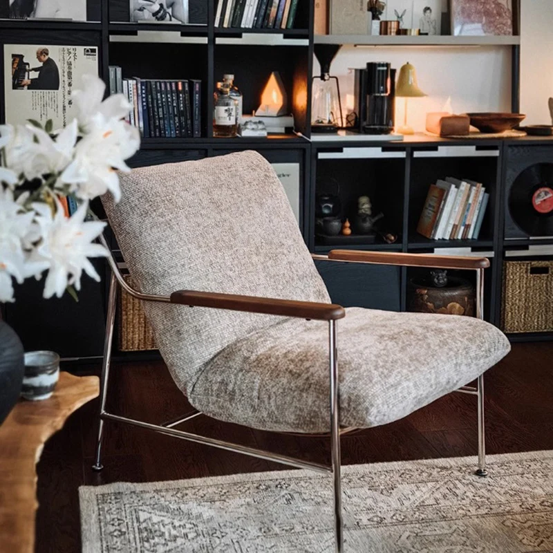 Contemporary Nordic Square Rectangular Saddle-Style Faux Leather Chenille Stainless Steel Removable Accent Chair Backrest Armrest For Living Room