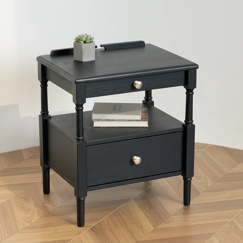 Contemporary Retro Square Ash Wood Solid Wood Plywood Pine Wood Nightstand 2-Drawer For Bedroom