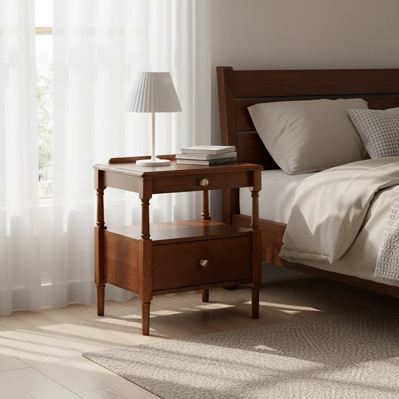 Contemporary Retro Square Ash Wood Solid Wood Plywood Pine Wood Nightstand 2-Drawer For Bedroom