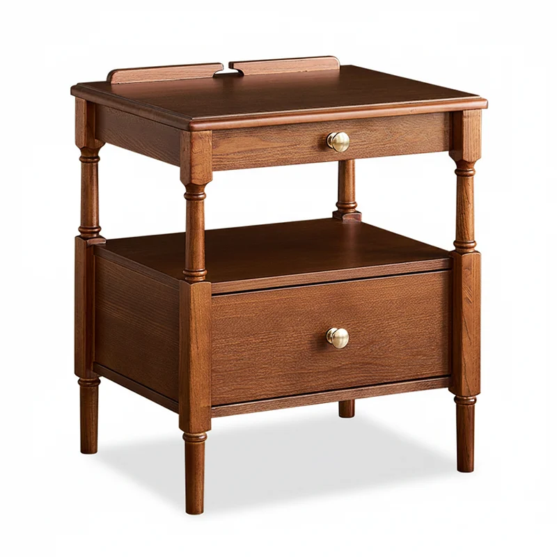 Contemporary Retro Square Ash Wood Solid Wood Plywood Pine Wood Nightstand 2-Drawer For Bedroom
